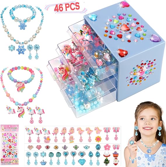 Toys for Ages 5-7 Jewelry, Kids Toys for Girls 8-10 Clip on Earrings, Toddler Girls Toy Age 6-8 Princess Dress Up,Frozen Unicorn Toy Adjustable Ring Bracelets Necklaces Christmas Birthday Gifts