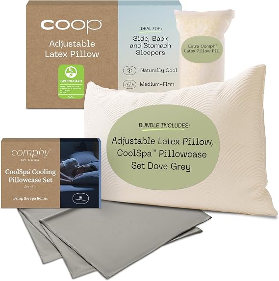 Coop Sleep Goods Adjustable Latex Pillow & Cool Cooling Pillowcase Set Dove Grey Queen Bundle