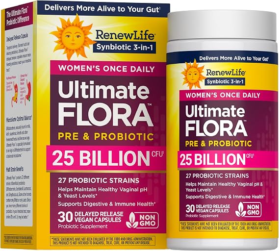 Renew Life Ultimate Flora Womens Probiotics with Prebiotics 25 Billion CFU | 30 Delayed Release Capsules | 3-1 Synbiotic | Supports Digestive and Immune Health | Dairy, Soy and Gluten Free