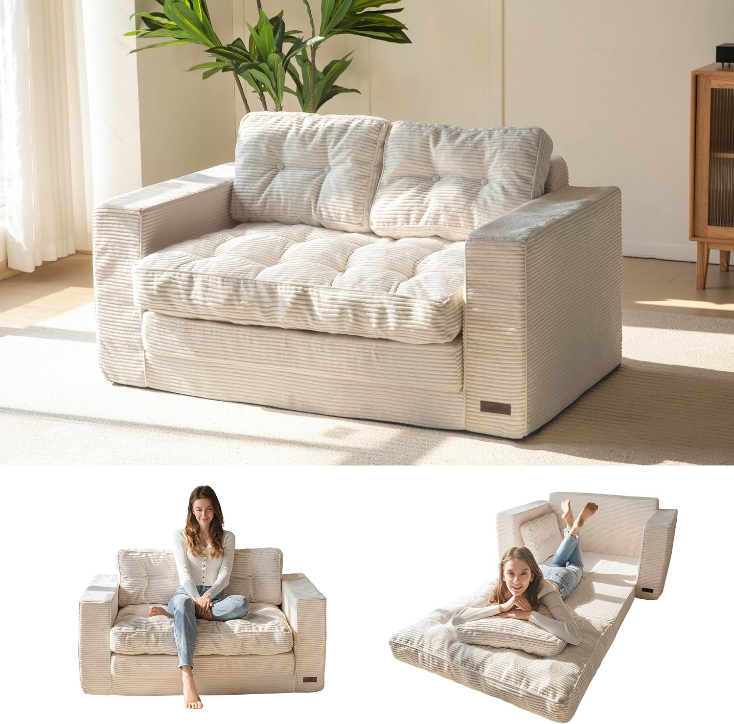 MAXYOYO Sofa Bed, Loveseat Sofa Convertable with 2 Pillows, 2 in 1 Comfy Corduroy Sofa 2 Seater, Floor Lounger Pull Out Sleeping Area 101x196CM, 15cm Thincken Foam