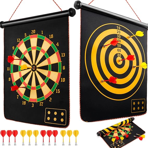Magnetic Dart Board for Kids, Teens, Adults, Double-Sided Roll-Up Dart Board Games for Kids Age 3-18 with 12 Magnetic Darts, Indoor Outdoor Boys Toys for Backyard, Gifts for Teen Boys