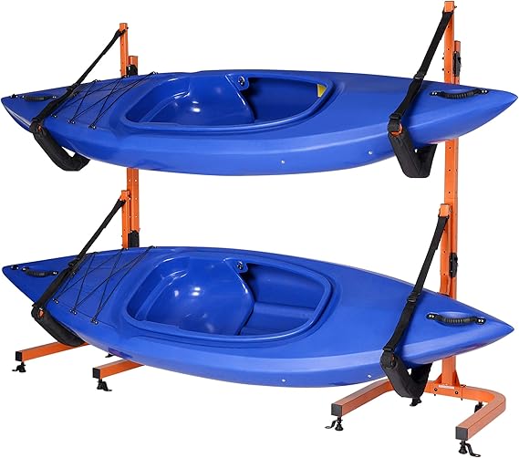 RAD Sportz Kayak Storage Rack - Freestanding Kayak Stands with Padded Arms and Adjustable Straps - Holds 2 Canoes, SUP, or Paddleboards (Orange)