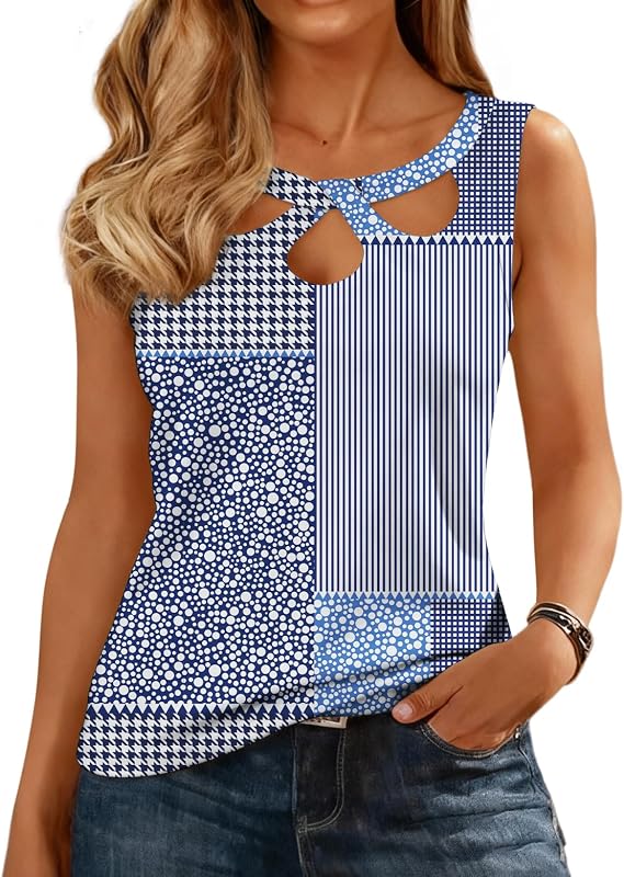 Womens Sleeveless Tank Tops Trendy Summer Hollow Out Crew Neck Tops Casual Loose Shirts Blouse