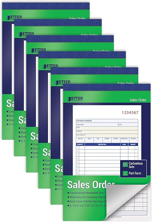 Better Office Products Sales Order Book, 6 Pack Sales Order Book 2 Part Carbonless, 5-7/16 x 8-7/16, 50 Sets per Book, White/Canary, Sales Receipt Book for Business Invoices & Records