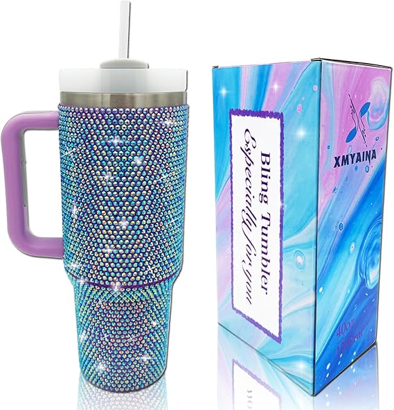 40oz Bling Tumbler with Handle and Straw Lid Rhinestone Studded Tumbler Cups Vacuum Insulated Stainless Steel Double Wall Water Bottle Travel Mug Gifts for Women Her (Purple)