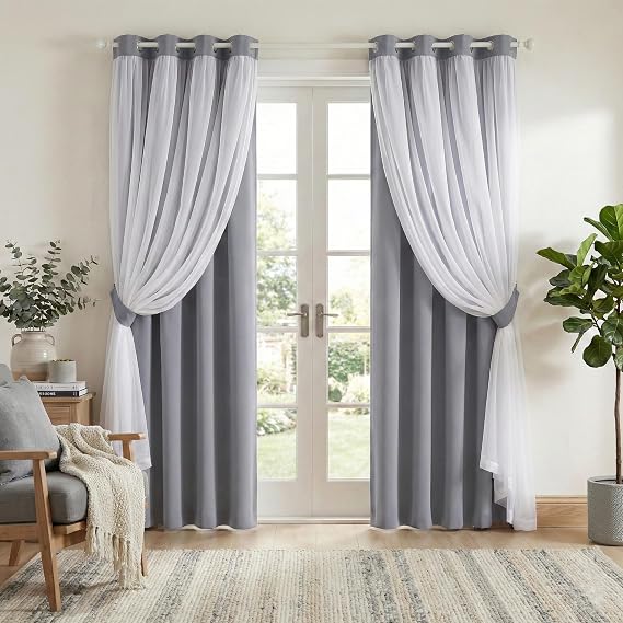PONY DANCE Blackout Curtains with Sheer Overlay, Thermal Insulated Mix & Match Double Layer Room Darkening Curtains for Bedroom,Living Room,2 Panels with Tiebacks (34W X 84L,Silver Grey)