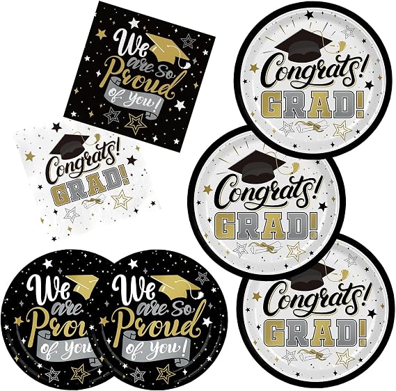 Graduation Decorations 2026 Black and Gold Grad Party Supplies with Disposable Dinner Plates, Dessert Plates and Napkins for 48 Guests - Graduation Party Decorations