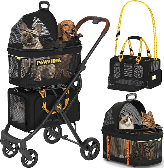 PAWZIDEA Double Pet Stroller, Foldable Cat Pram with 2 Detachable Carriers