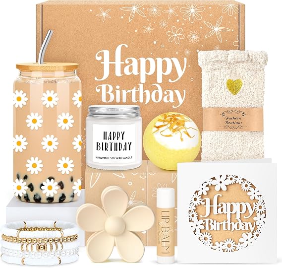 Birthday Gift Set for Teen Girls, Women, Teen Girls, Tween Gifts for Teen Girls, Cute Daisy, Aesthetic Glass Cup Gift Basket for Teens, Women, Sisters, Girlfriend, Friends