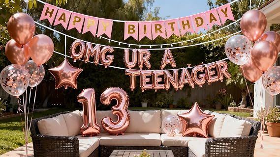 13th Birthday Decorations for Girls, Rose Gold OMG UR A Teenager Balloons, Happy 13th Birthday Banner Number 13 Foil Balloons Official Teenager 13 Years Old Birthday Girls(13th)