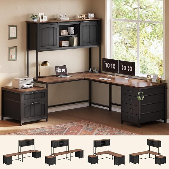 SEDETA Reversible Farmhouse L Shaped Office Desk with 6 Drawer, Hutch