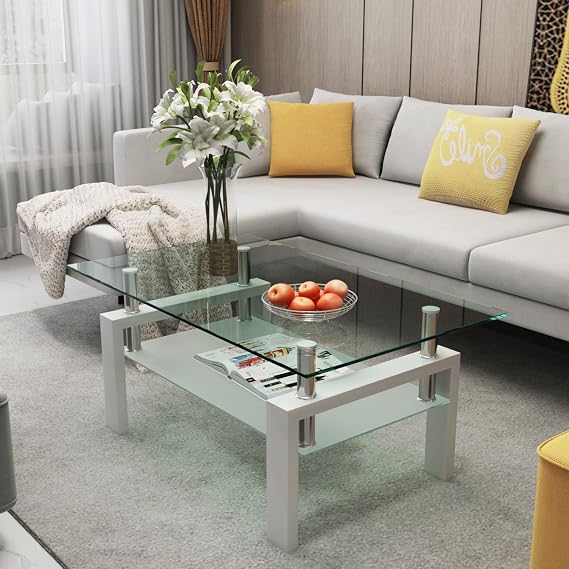Glass Coffee Table, Modern Rectangle Tea Table, Side Coffee Table for Living Room, White