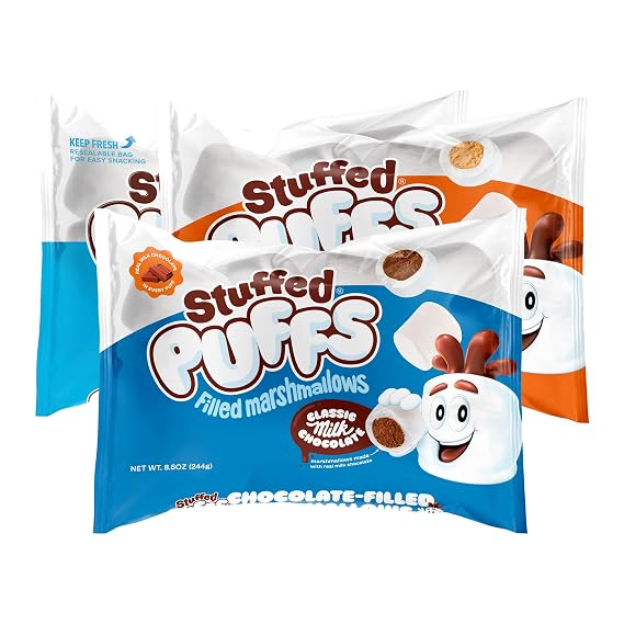 FLUFFING DELICIOUSTM Stuffed Puffs - Variety 3 Pack, Filled Marshmallows, Perfect for S'mores and Snacking, 1 bag of Classic Milk Chocolate, 1 bag of Salted Caramel, and 1 bag Cookies 'n Creme (8.6 oz each)