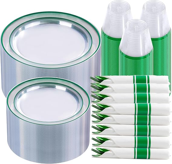 I00000 350 Pcs Clear Green Plastic Dinnerware Set for 50 Guests