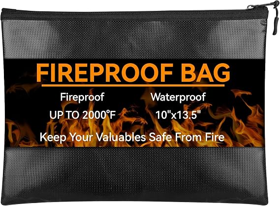 Fireproof Document Money Bag, Waterproof Zipper Pouch (10"x13.5") | Fire Proof for Passport, Important Legal Papers, Cash, Valuables, Secure Storage Organizer for Travel, Home, Office