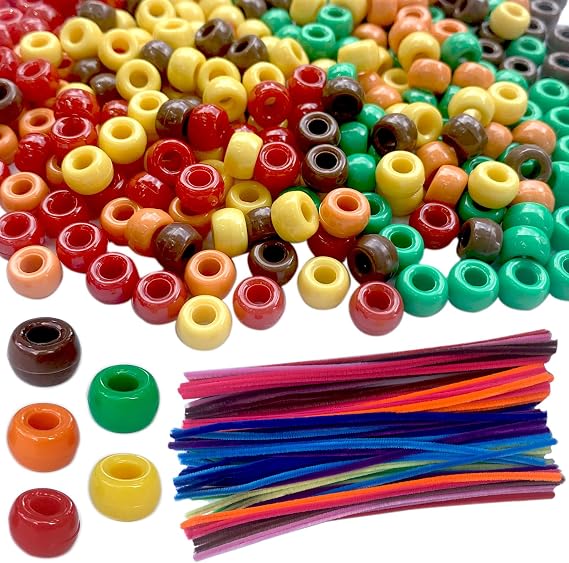 Gocleyn 2500pcs Fall Pony Beads Bulk with 100pcs Chenille Stems Pipe Cleaners, Autumn Colors Craft Pony Beads Seed Beads for Thanksgiving Autumn Party DIY Craft Projects Kandi Hair Braiding