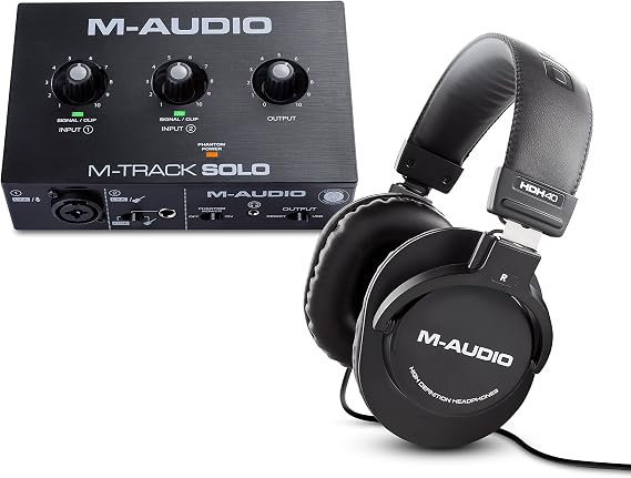 M-Audio Studio Equipment Bundle - M-Track Solo USB Audio Interface and Over Ear Studio Headphones for Recording, Streaming and Podcasting