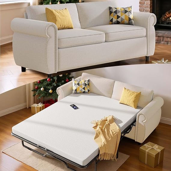 2 in 1 Sofa Bed, Full Size Linen Fabric Pull Out Couch with Folding Foam Mattress, Convertible Loveseat Sleeper Sofa with Nailhead Trim for Living Room, Bedroom, Apartment-Beige