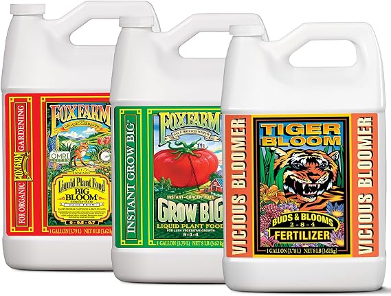 FoxFarm Soil Liquid Trio Pack - Big Bloom, Grow Big, Tiger Bloom Fertilizers Supports Vigorous Plant Growth, Bud Development & Abundant Fruit - Complete Liquid Plant Food Set - 3 Gallon Bottles