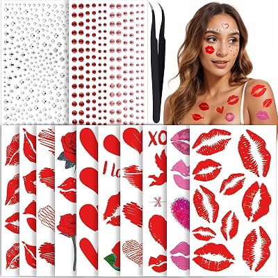 YGDZ Kiss Tattoos Temporary Set, Red Lip Tattoo Stickers & Face Gems for Valentines Makeup, 10 Sheets Lipstick Kiss Temporary Tattoo, Heart Fake Tattoos, Hair Gems, Body, Face Rhinestones for Women