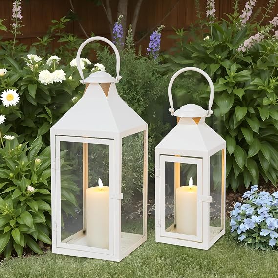 JHY DESIGN Set of 2 Decorative Lanterns 44.5 cm & 24 cm High Lanterns Outdoor White Candle Large Hanging Lantern for Indoor Events Parity Weddings Vintage Style Decorative (White)