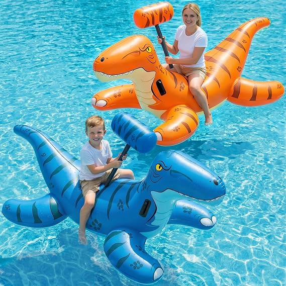 Jasonwell Pool Games Toys Floats -2Pack Inflatable Dinosaur Pool Floats with Blow Up Toy Hammers Ride on Pool Floaties for Kids Teens Adults Lounge Raft Summer Lake Beach Party Decorations
