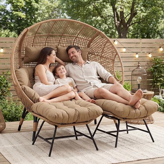 NICESOUL 2 Person Egg Chair Indoor Outdoor Stationary Wicker Large Egg Seating Large Egg Basket Lounge Chair with Ottoman Footrest for Patio Balcony Porch Tan Color