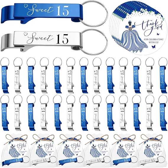 Dandat 50 Sets Quinceanera Party Favors for Guests Sweet 15 Bottle Opener Keychain with Thank You Cards Organza Bags Rope Quinceanera Gift for 15th Birthday Party Favor Guests (Blue,Silver)