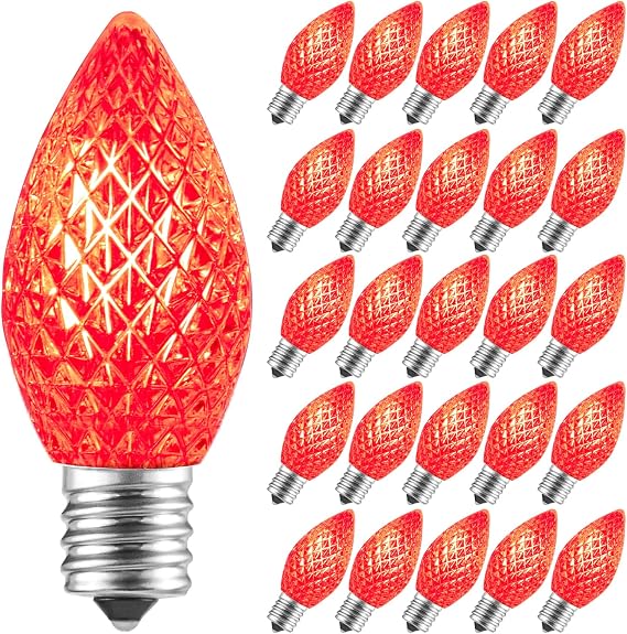 Minetom 25 Pack C7 Led Christmas Lights Bulb, Shatterproof Led Bulb for Outdoor String Lights, E12 Base, Commercial Grade Red Bulbs