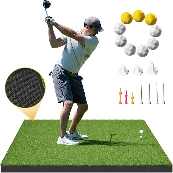 Shopsource 5x4ft Golf Hitting Mat, Thickened 21mm/31mm/36mm Artificial Turf Golf Practice Mats for Indoor Outdoor Backyard Driving Swing Training with 9 PU Balls, 3 Rubber Tees, 7 Tees