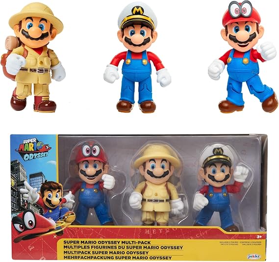Nintendo Mario Odyssey 3'lü Paket Aksiyon Figürleri - Kaptan Mario, Explorer Mario ve Mario ile Cappy, Mafsallı Super Mario Figürleri Yaklaşık 4" / 10 cm Uzunluğunda