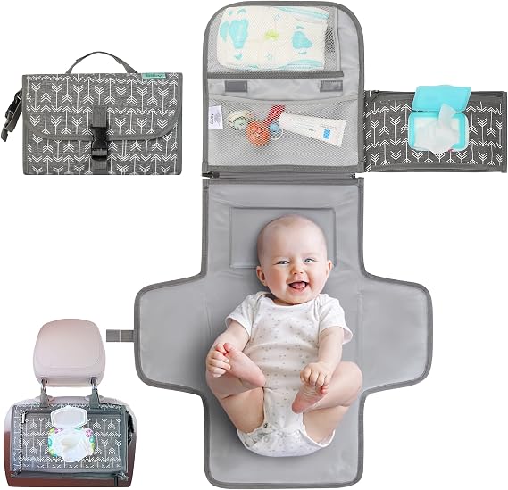 Kopi Baby Portable Diaper Changing Pad, Wipes Pocket, Classic Grey Arrows