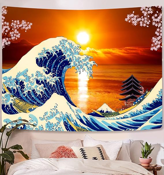 Silver Lake Japanese Wave Tapestry Kanagawa Great Wave Wall Tapestry Mount Fuji Sunset Cherry Blossom Tapestry for Party Home Decorations SL086 (51.2 x 59.1 inches), blue, 51.2 x 59.1 in