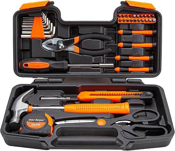 CARTMAN 39-Piece Household Tool Set, Orange Hand Kit With Storage Case | Complete assortment for home repairs, DIY projects, furniture setup, crafting, and daily household fixes in toolbox.