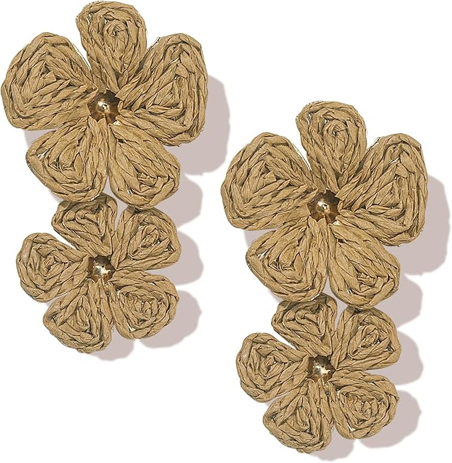 Flower Raffia Earrings for Women Statement Palm Bohemian Drop Dangle Earring Summer Tropical Beach Jewelry