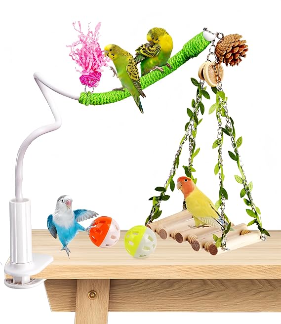 Bird Perch with Swing, Movable Desktop Stand with Clamp