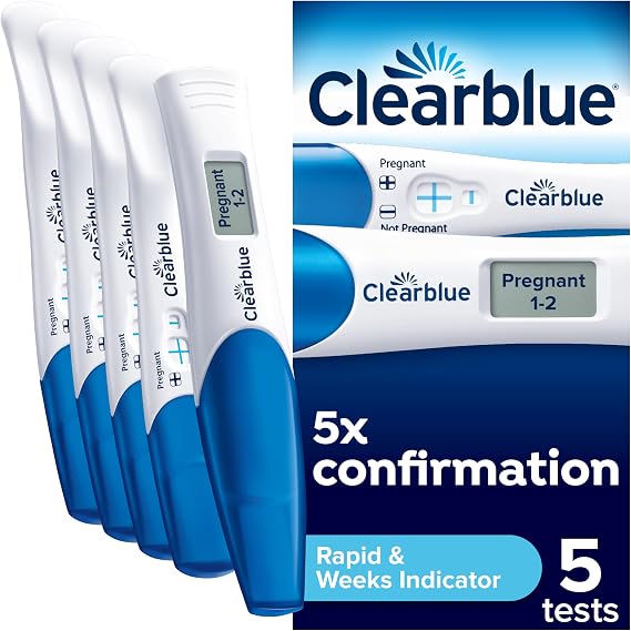 Clearblue Pregnancy Test 5X Confirmation Combo Pack, Result As Fast As 1 Minute (Visual Sticks) & Tells You How Many Weeks (Digital Stick), Kit of 5 Tests (1 Digital, 4 Visual)