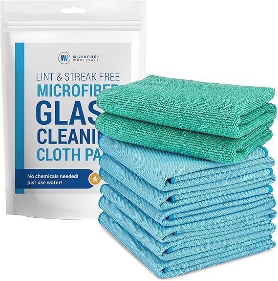 Claro 2 Step Glass Cleaning Cloth 8-Pack Green Wet & Blue Dry Microfiber Towels Cleaning for Windows, Mirrors & Glass - Streak and Lint Free Cloth for Home, TV, Shower - Machine Washable