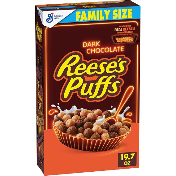 Reese's Puffs Dark Chocolate Peanut Butter Cereal, Family Size, 19.7 oz | Dark Chocolatey Flavor, Made with Real Reese's Peanut Butter, 15g Whole Grain, 12 Vitamins & Minerals