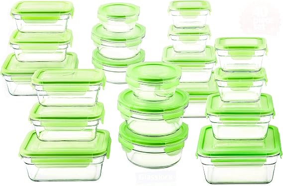 Glasslock Tempered Storage Containers 40pc Set Green Lids Microwave & Oven Safe Airtight Anti Spill Proof