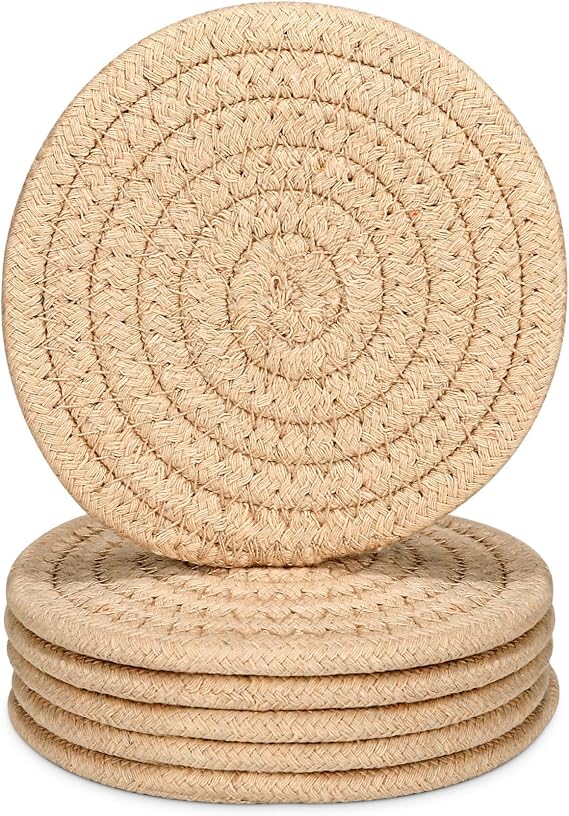 Cotton Coasters for Drinks, Pack of 6 Absorbent Cup Mats (Beige)