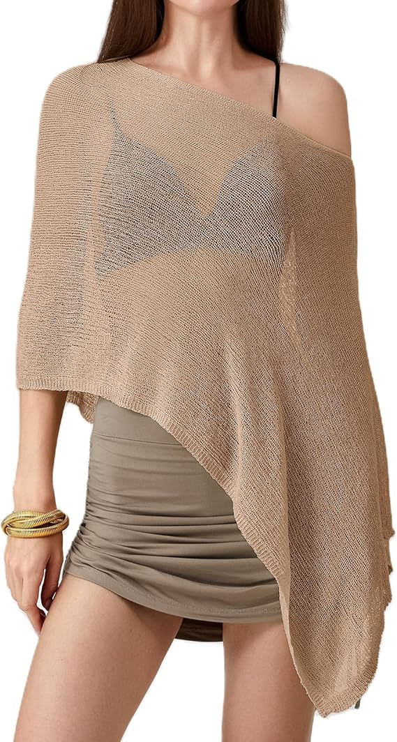 Aopwsrlyi Womens Sheer Poncho Top Asymmetrical Knit Shawl See Through Mesh Pullover Cape Top Summer Beach Cover Up
