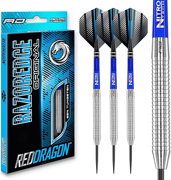RED DRAGON Razor Edge Original Professional Darts Set - 85% Tungsten Darts with Flights & Shafts - Available in Soft Tip 18g Barrel/20g Full Weight and Steel Tip 20g-33g