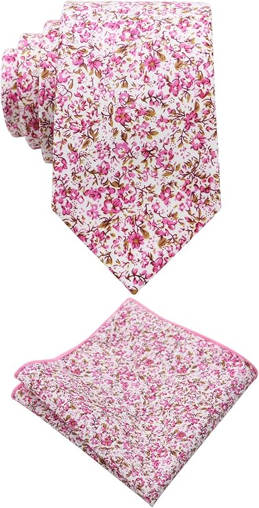 Mantieqingway Floral Ties for Men Cotton Skinny Flower Neckties with Handkerchief Mens Floral Tie for Wedding Graduation