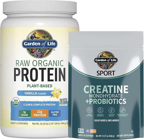 Garden of Life Protein & Creatine Bundle Vegan Vanilla Protein Powder 20 Servings with BCAAs, Probiotics & Enzymes + Creatine Monohydrate Pre Workout 60 Servings for Muscle, Strength & Performance