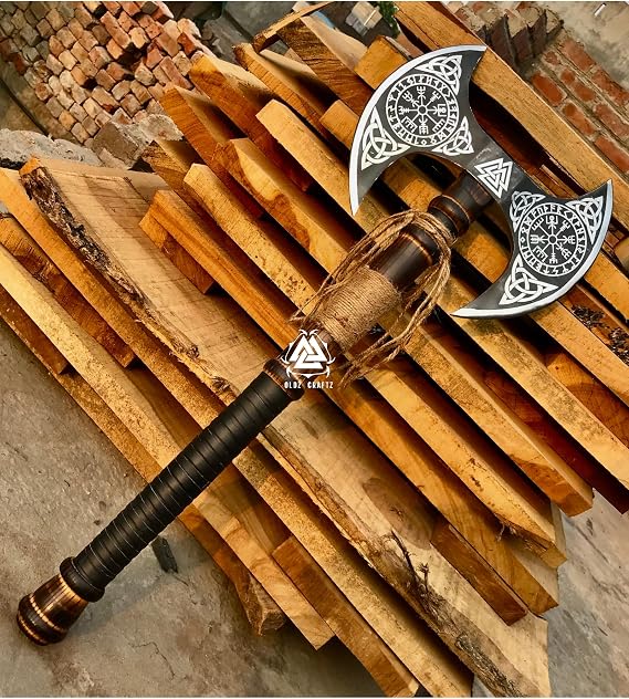 viking tools Axes,Functional Axe, Bushcraft Axe Hatchet for Hunting Bearded Axe Double Head Axe Tool with Free Leather Sheath dd007 Black/Sliver (Viking Double Bit Axe)