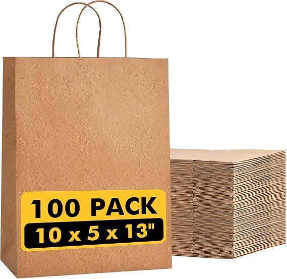 RACETOP Large Brown Kraft Paper Bags 100 Pack 10x5x13 in with Handles