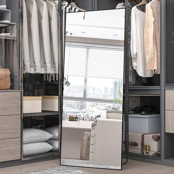Full Length Mirror 165x60cm, Black Full Body Floor Mirrors, Rectangle Standing Hanging, with Aluminum Alloy Frame, Wall Mounted, for Dressing Living Room Bedroom