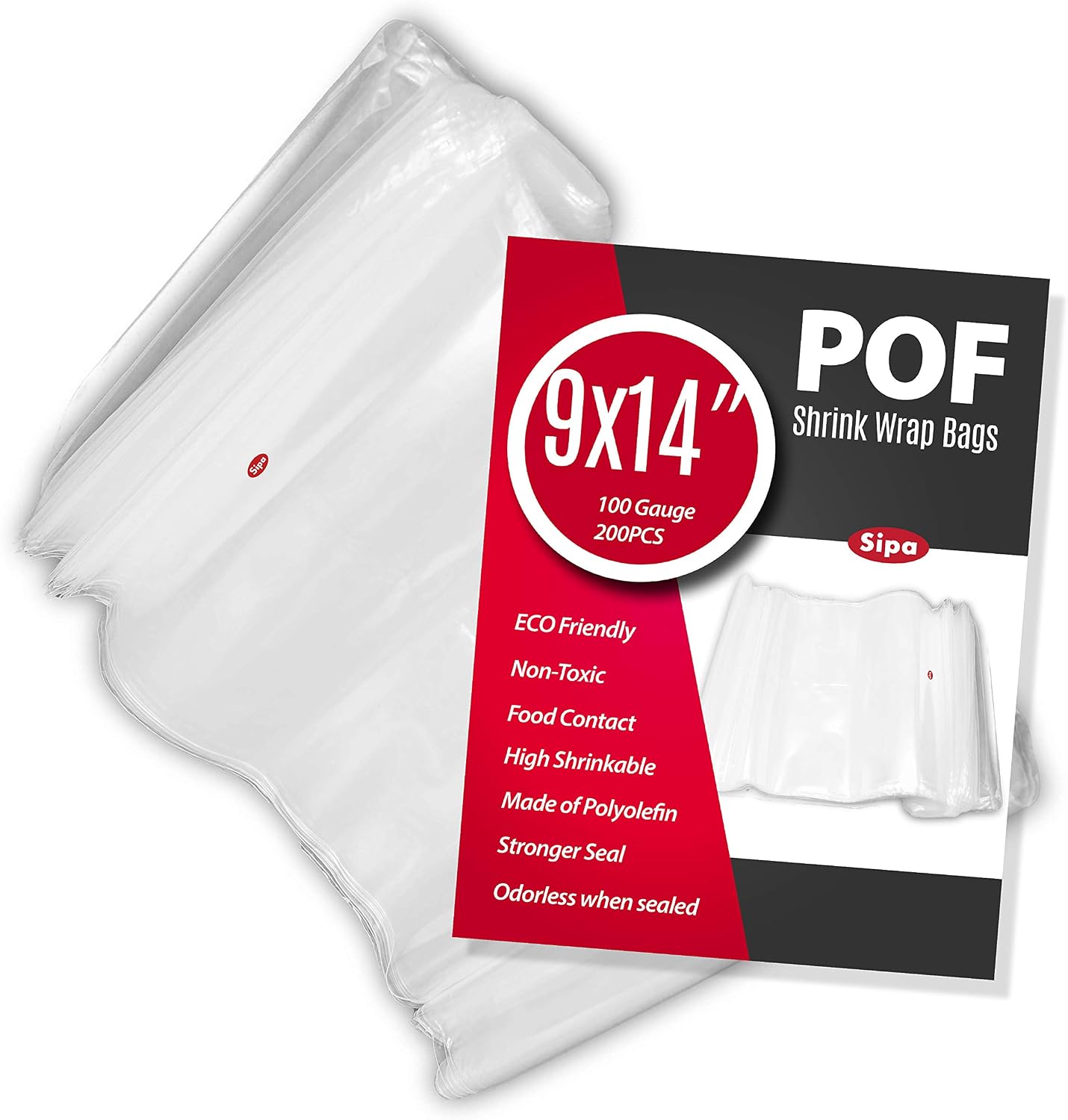 SIPA 9x14 inch 200PCS 100 Gauge POF NON-VENTING HOLE Shrink Wrap Bags Odorless perfect for wrapping stationery, photo frames, soap supplies, bath bombs, oil bottles,homemade DIY craft for sale