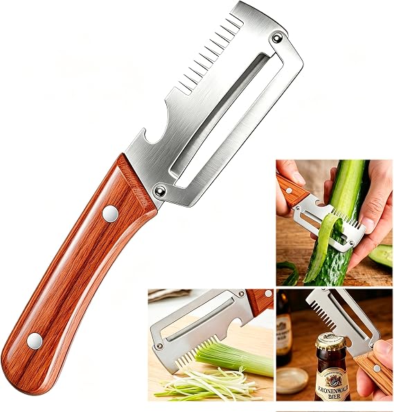 Multifunctional Vegetable Peeler for Kitchen, Stainless Steel Fruit Peeler | 3 in 1 Wooden Handle and Bottle Opener Fruit Peeler Knife Scallion Shredder,Zero Snag Wooden Kitchen Tool